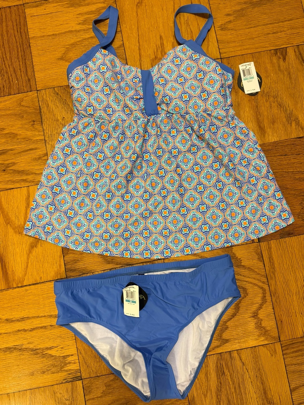 Athena Blue Multicolor Patterned Women's Tankini Set Size 16 NWT